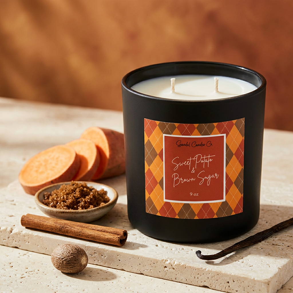 Sweet Potato & Brown Sugar candle styled with sweet potato, brown sugar, cinnamon, nutmeg and vanilla