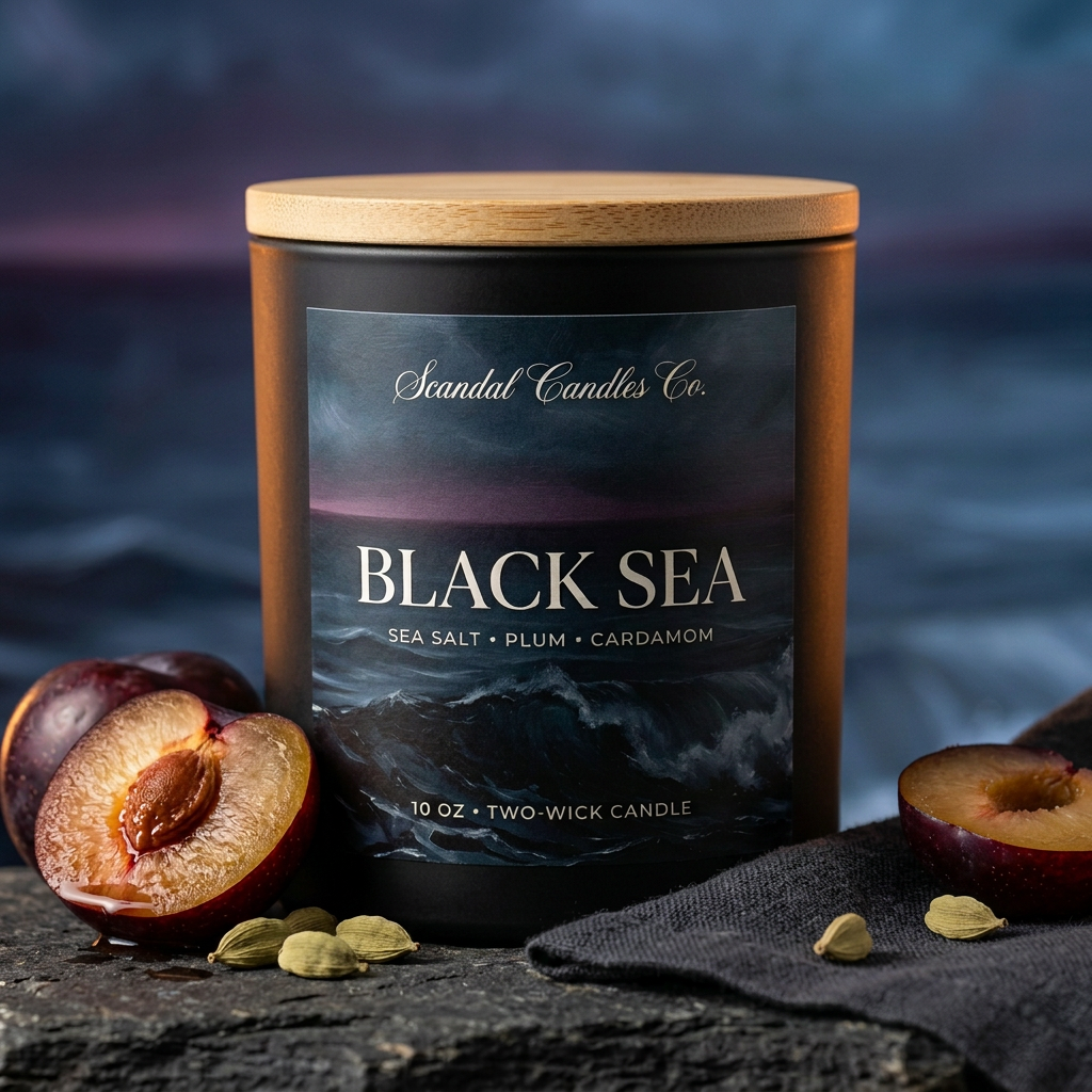 Black Sea candle with wooden lid in a wider scene with charcoal linen, plum and cardamom.