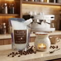 Coffee Bar squeezable wax melt pouch with espresso-brown label in a warm cafe setting