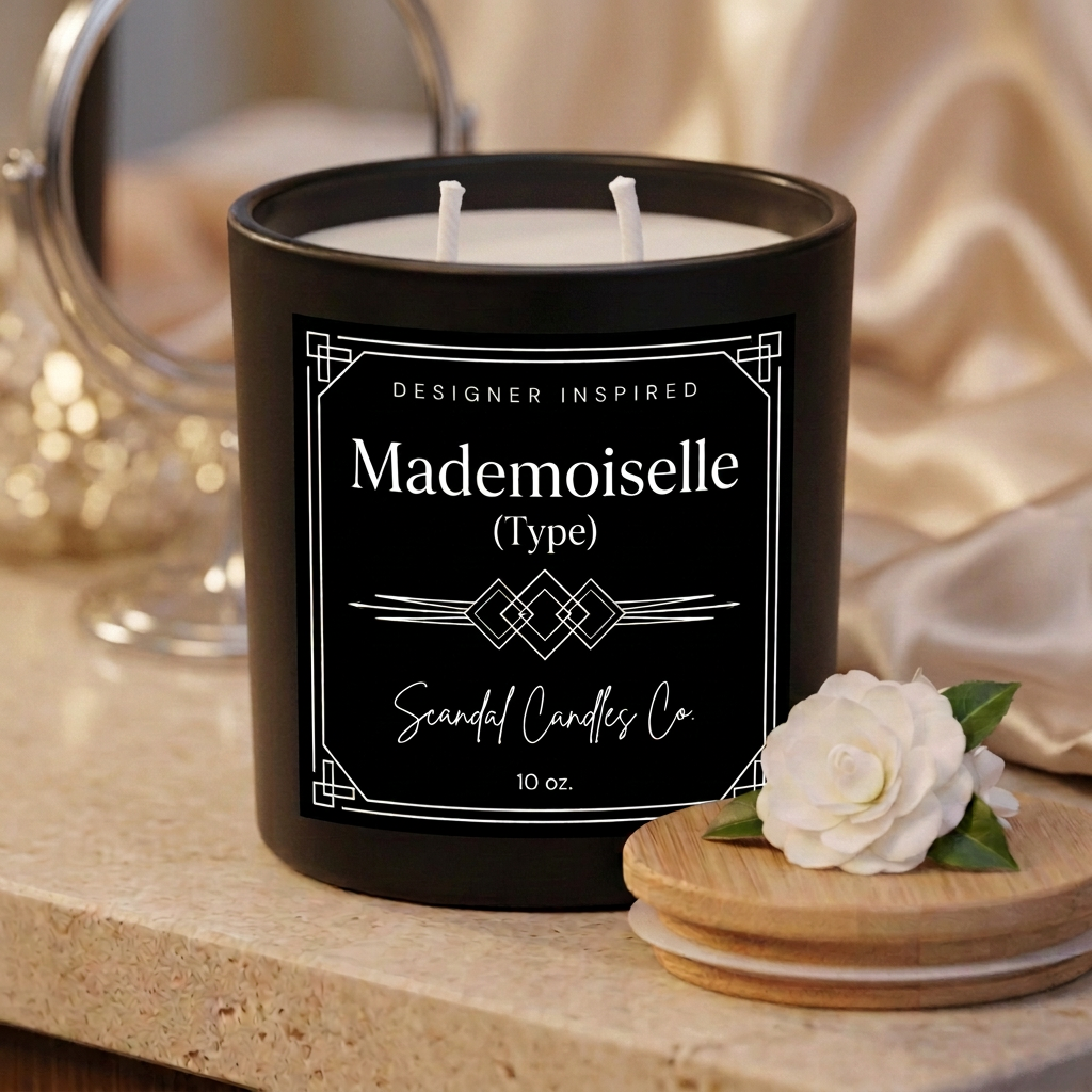 Mademoiselle candle with two fresh white unburned wicks in an elegant vanity setting