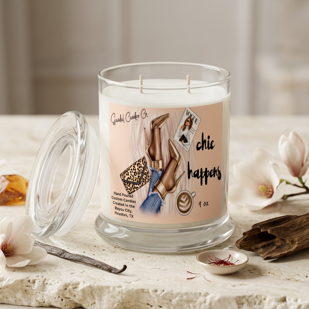 Chic Happens candle styled with magnolia, vanilla, saffron and wood
