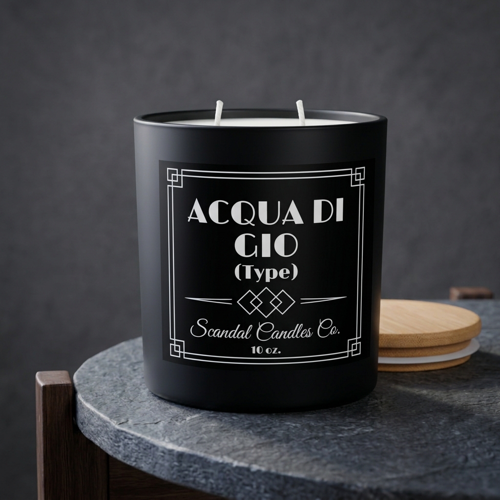 Acqua Di Gio candle with Scandal Candles Co. black and white boutique label and fresh white wicks in a charcoal studio
