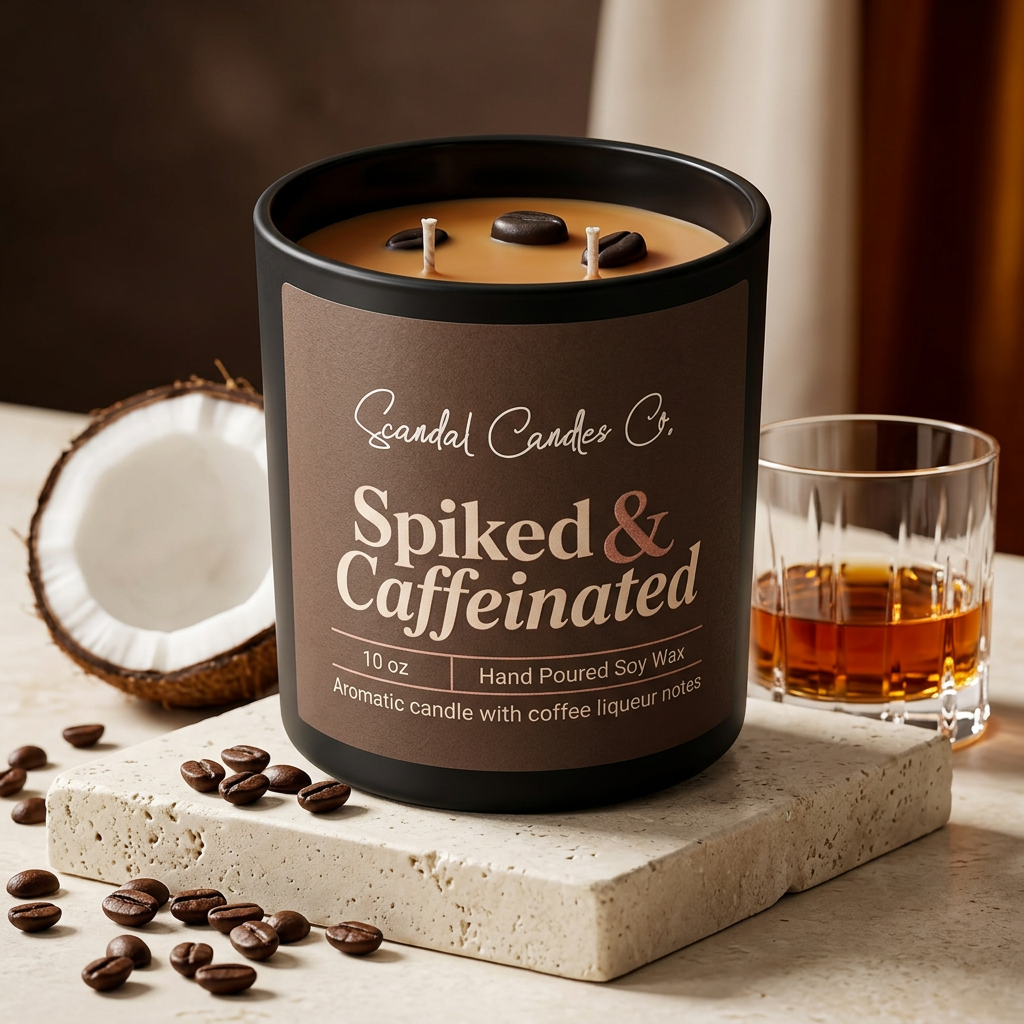 Spiked & Caffeinated candle styled with coffee, coconut and bourbon