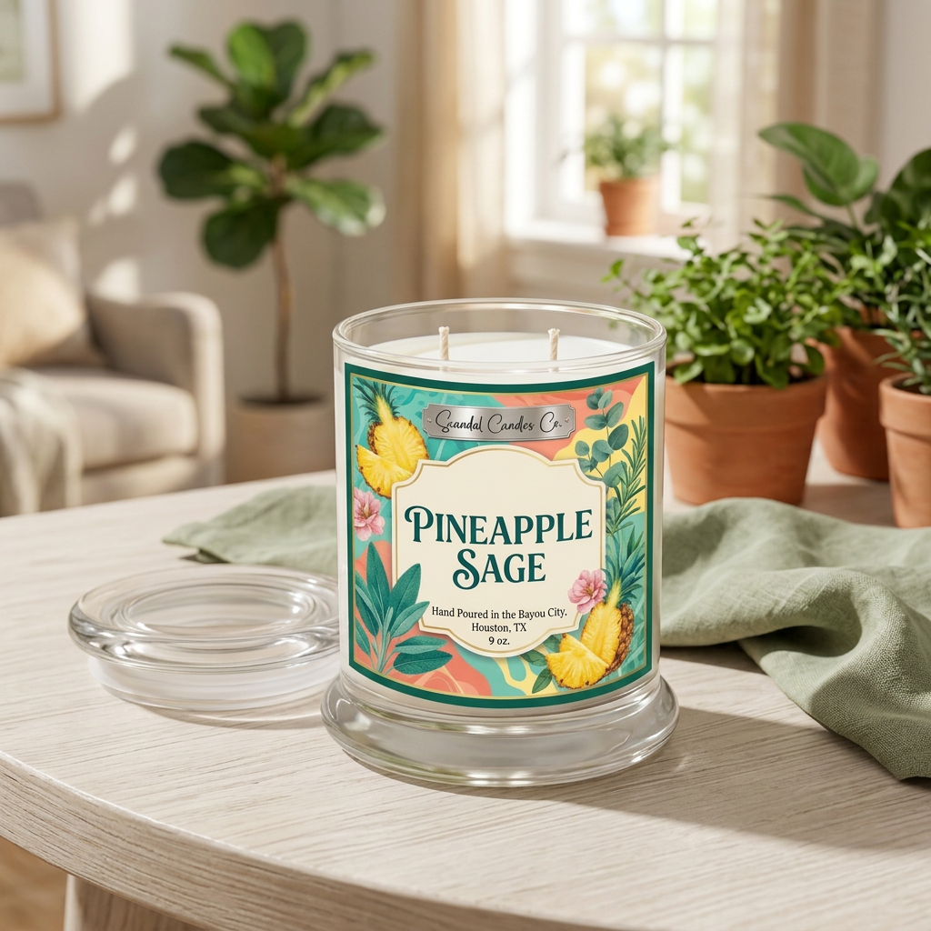 Pineapple Sage candle with colorful botanical label in a sunlit living room