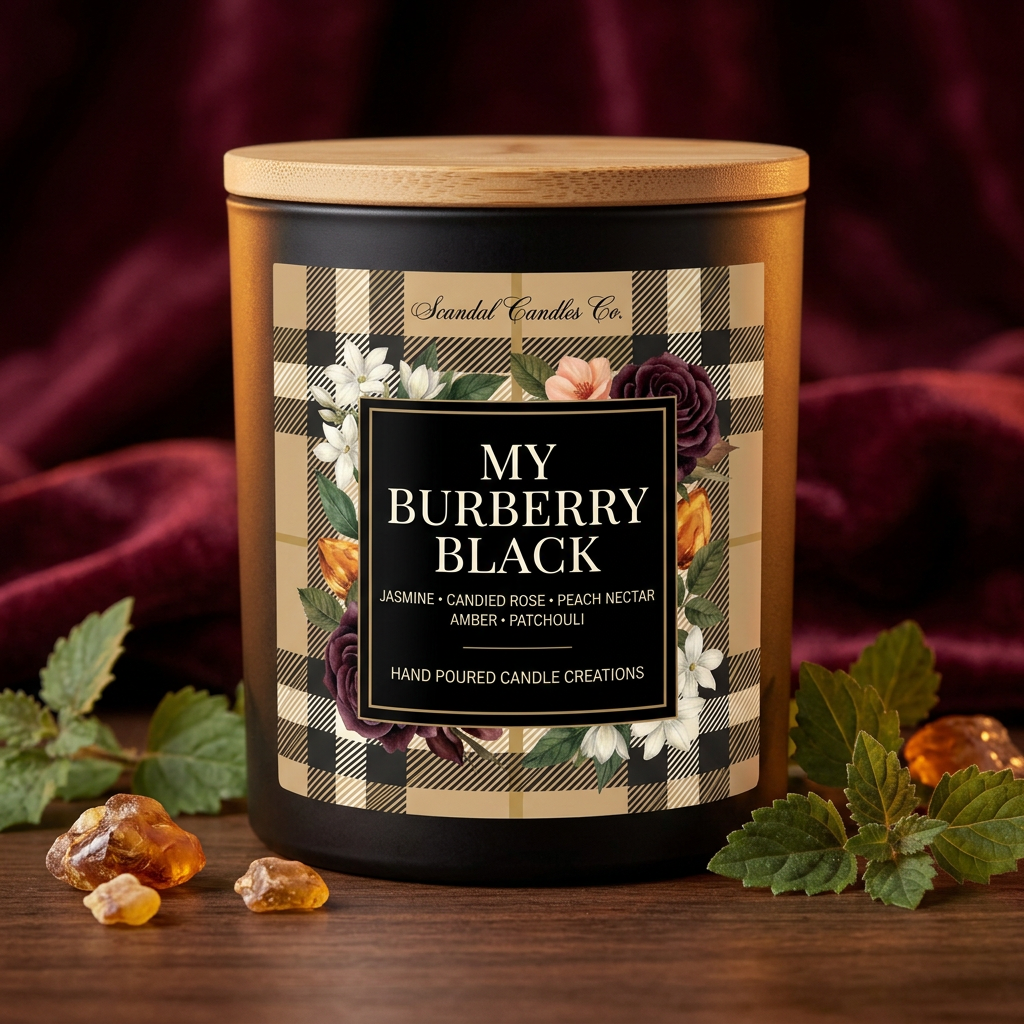 A Scandal Candle Co. jar candle labeled 'My Burberry Black' sits on a wooden surface with amber crystals and green leaves, set against a dark burgundy velvet background.