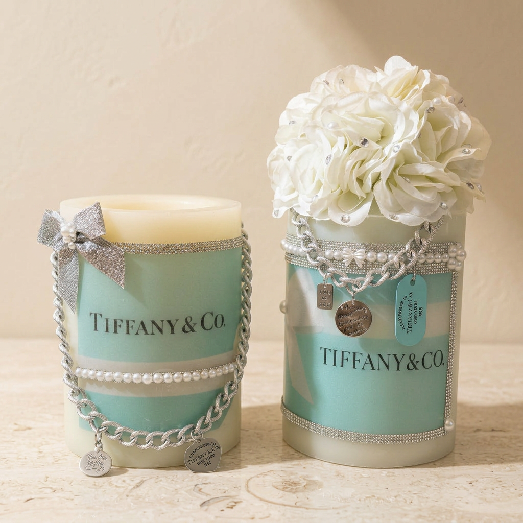 Decorative LED candle pair on travertine against a clean ivory studio background