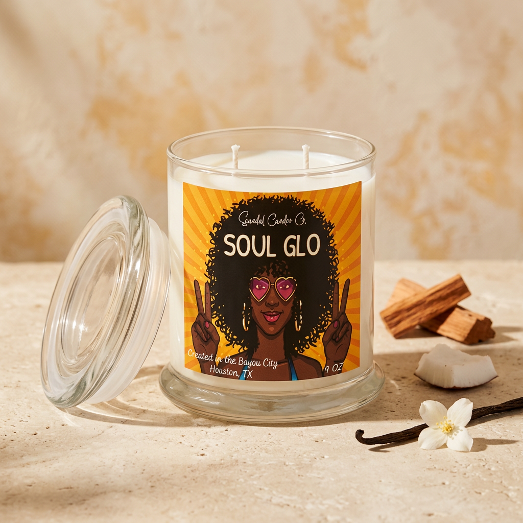 Soul Glo candle with cedarwood coconut vanilla and jasmine styling inspired by its fragrance notes