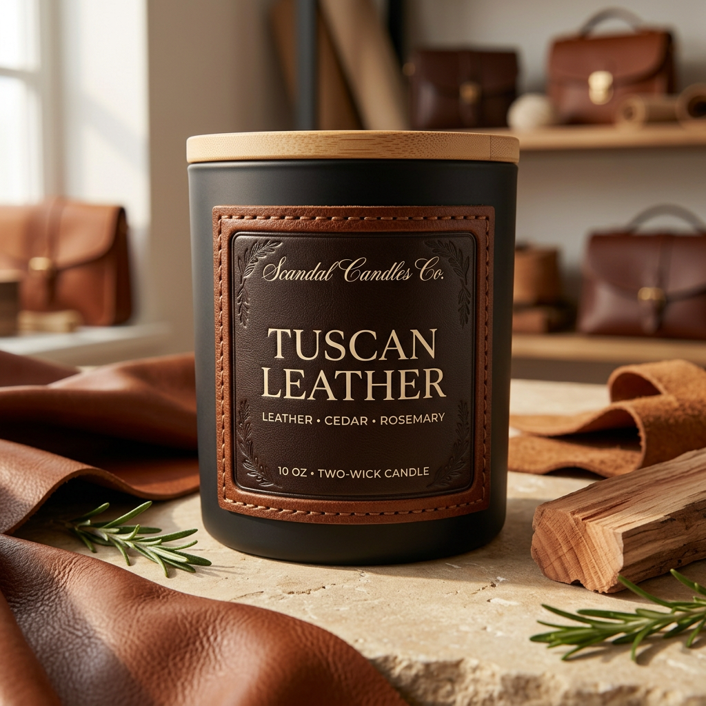 Tuscan Leather matte black candle with saddle-brown leather-textured label and wooden lid, styled with leather folds and cedar.