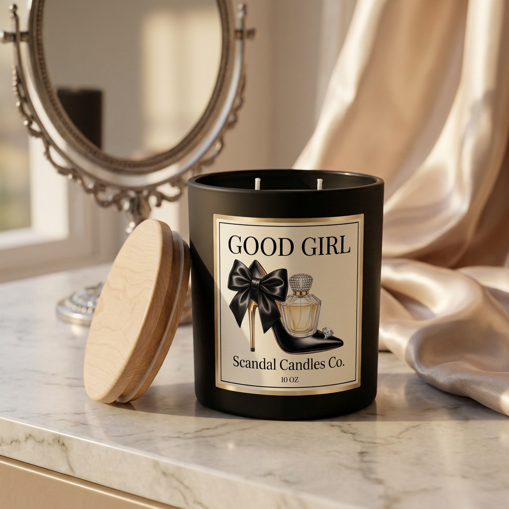 Good Girl candle with glamorous stiletto label on a marble vanity
