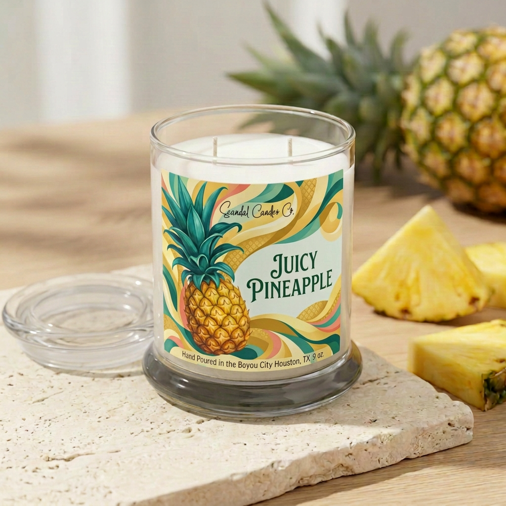 Juicy Pineapple candle with abstract label styled with fresh pineapple