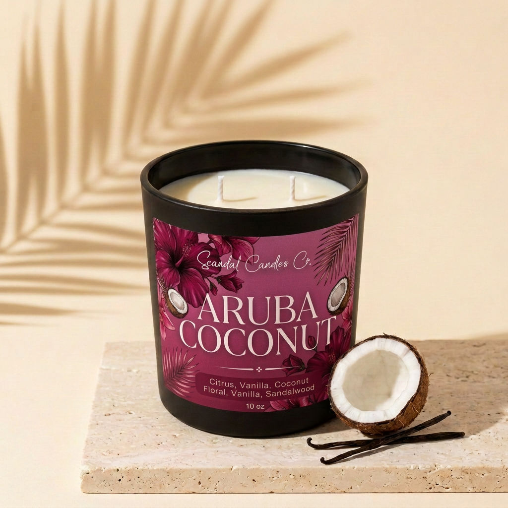 Aruba Coconut 10 oz two-wick candle with reimagined magenta hibiscus label, studio view with coconut and vanilla beans