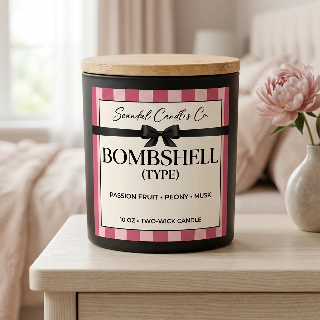 Bombshell 10 oz candle with updated bow label in a blush and cream bedroom