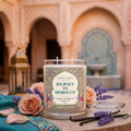 Journey to Morocco candle styled with roses, lavender and vanilla pods