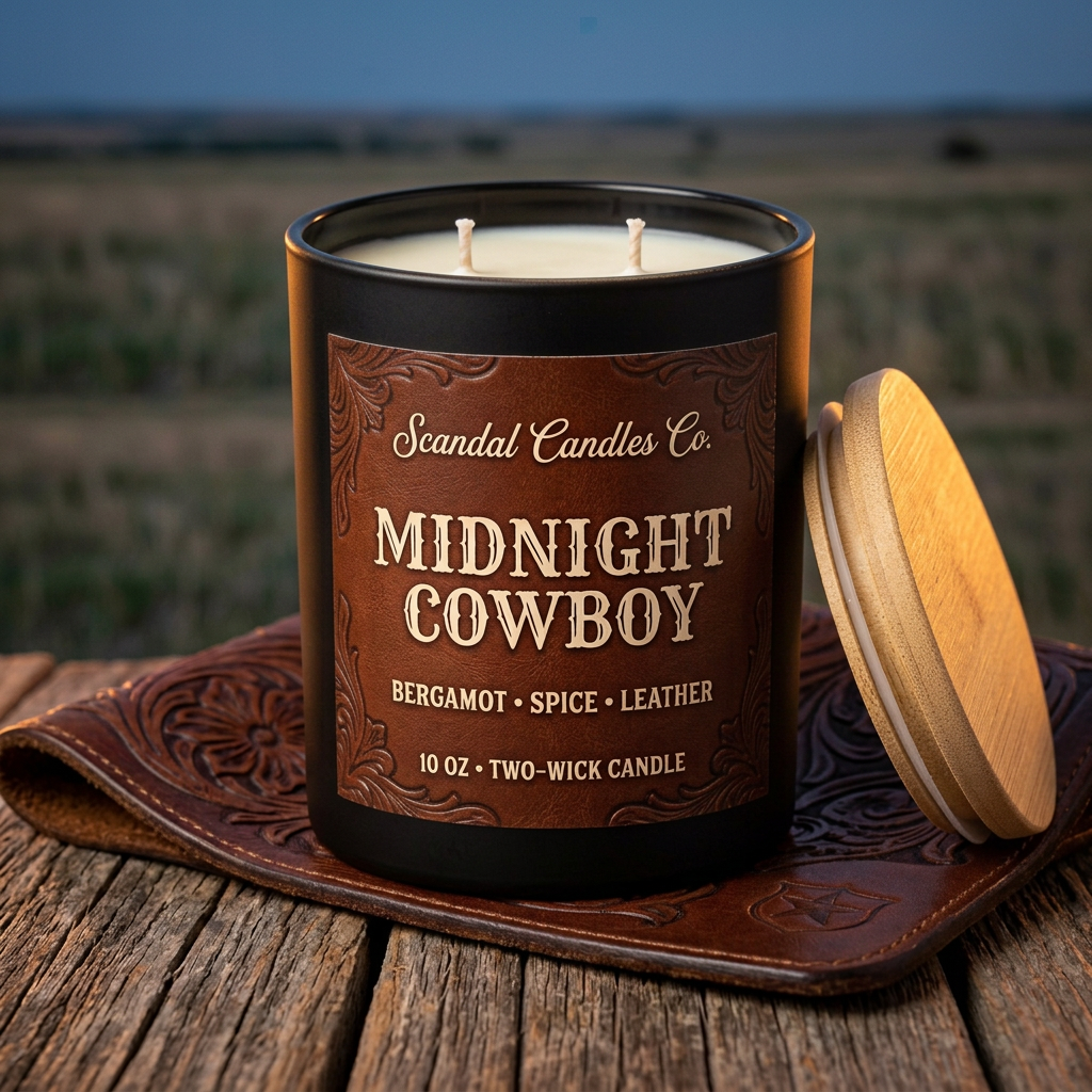 Open Midnight Cowboy candle with Texas leather label and two unlit wicks, wooden lid beside the jar in a ranch-inspired setting.
