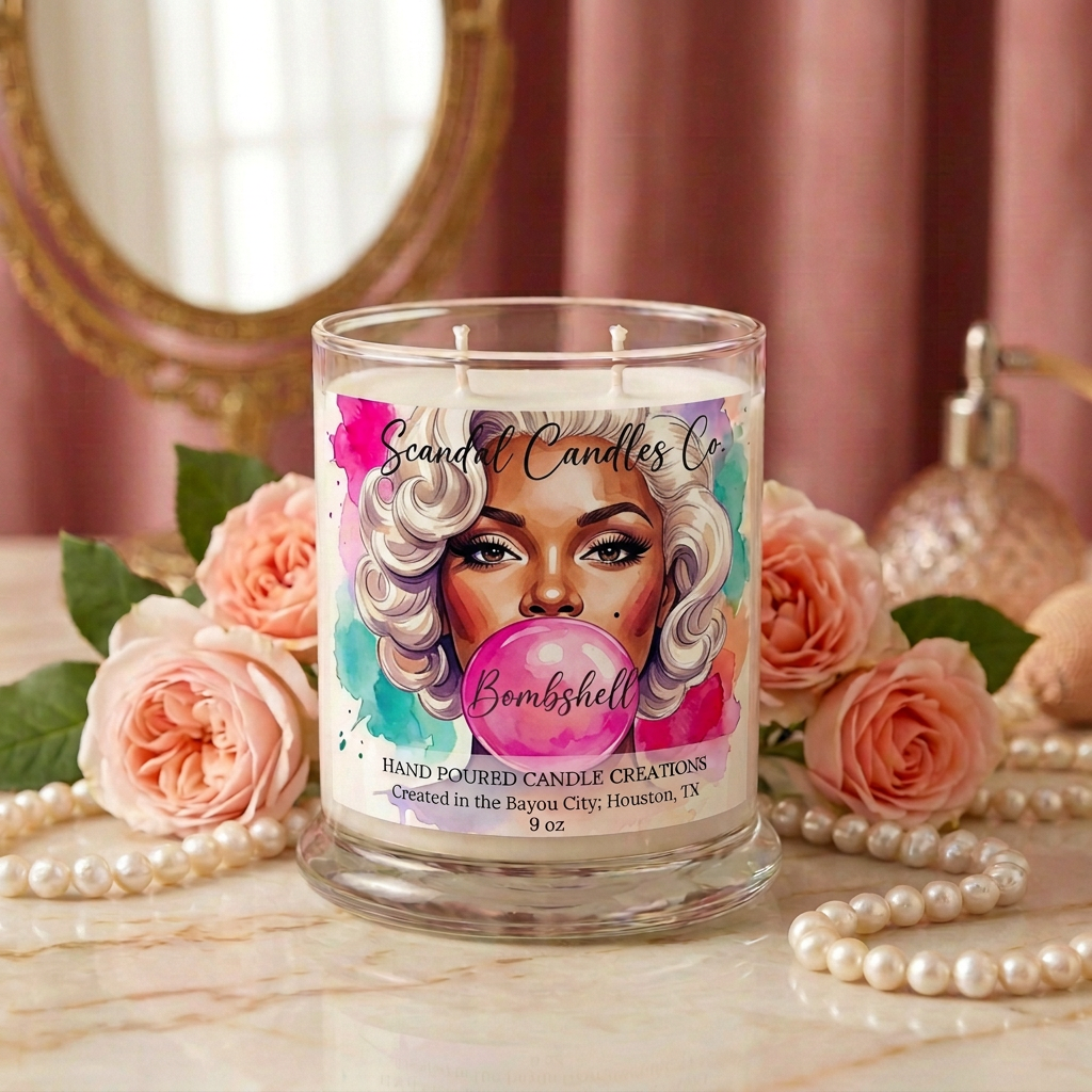 A clear glass jar candle with white wax and a colorful illustrated label reading 'Scented Candles Co' and 'BombsHELL', styled on a marble surface with pink roses, pearl strands, and a pink curtain background.