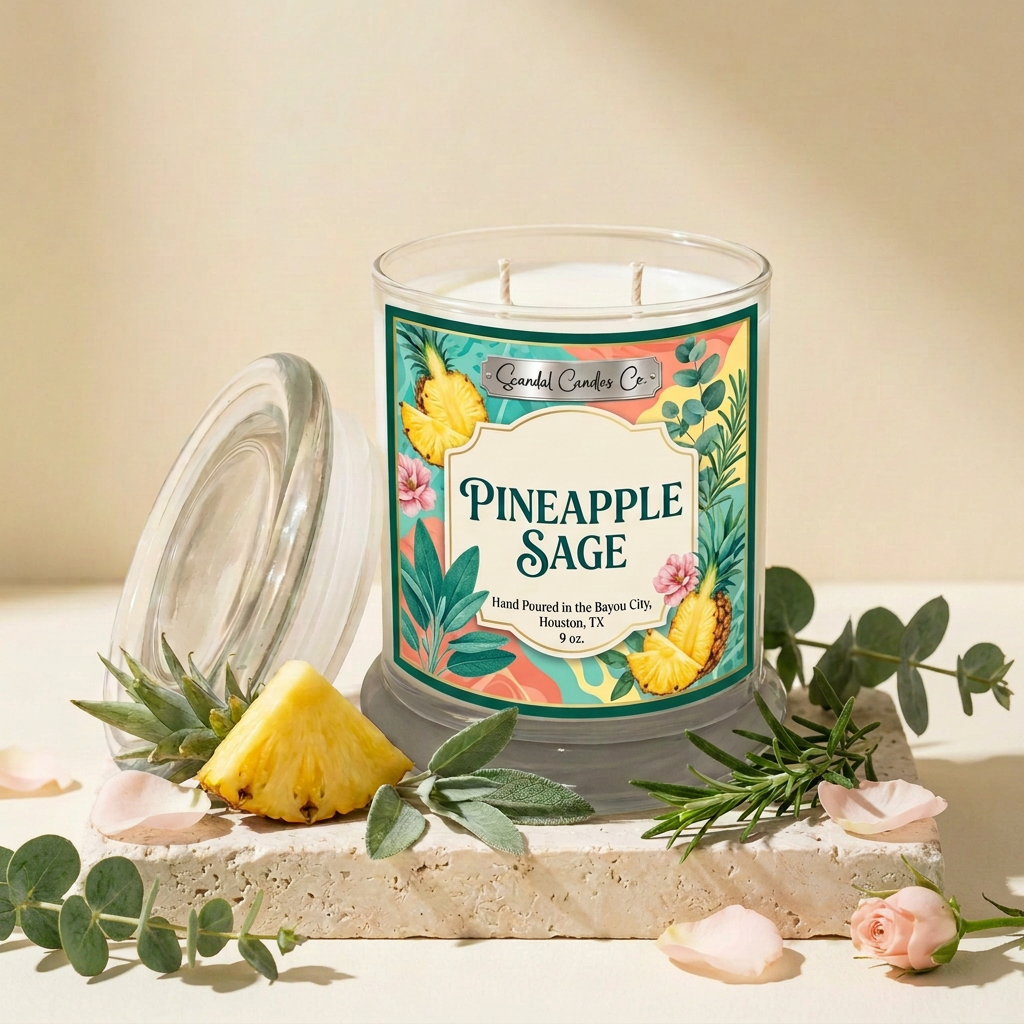 Pineapple Sage candle styled with pineapple, sage, rosemary and eucalyptus