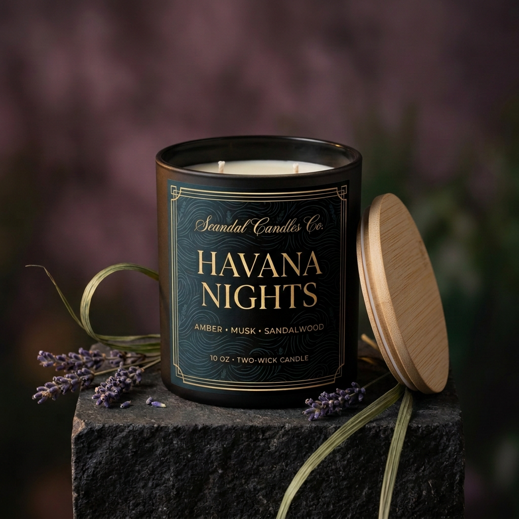 Havana Nights matte black candle with a natural wooden lid, styled with lavender and vetiver.