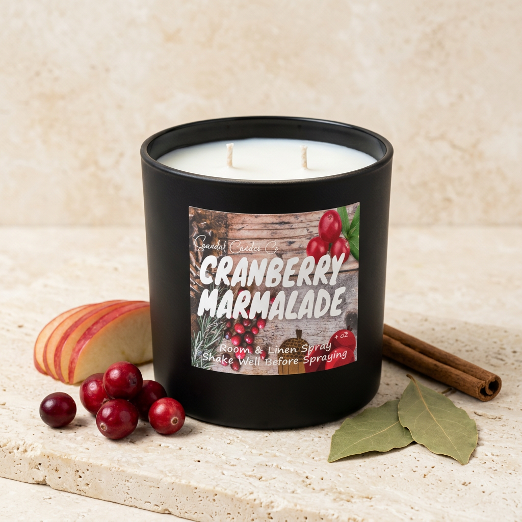 Cranberry Marmalade candle styled with cranberries, apple, bay and cinnamon