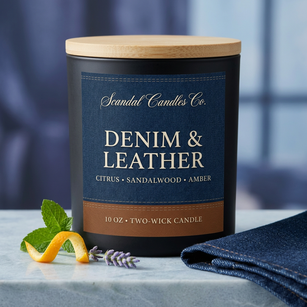 Denim & Leather candle with a wooden lid, styled with citrus peel, mint and lavender on pale stone.