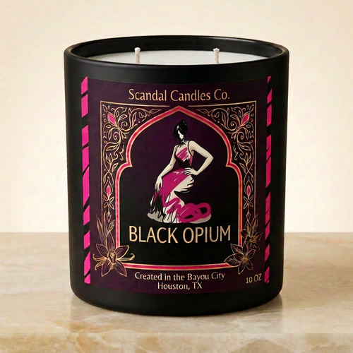 Black Opium 10 oz matte black candle on ivory stone with final hand-on-hip label illustration