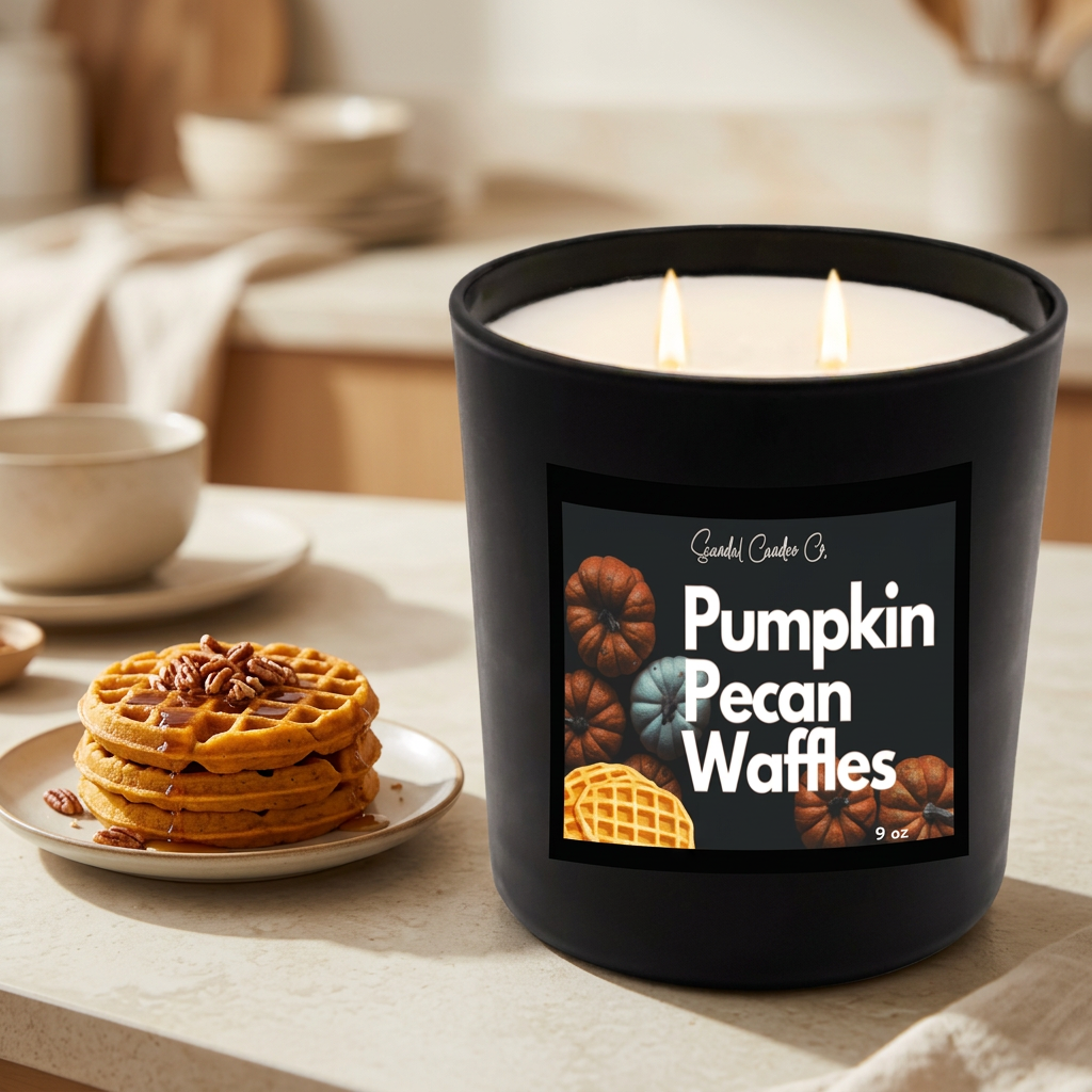 Pumpkin Pecan Waffles candle in a sunlit breakfast setting