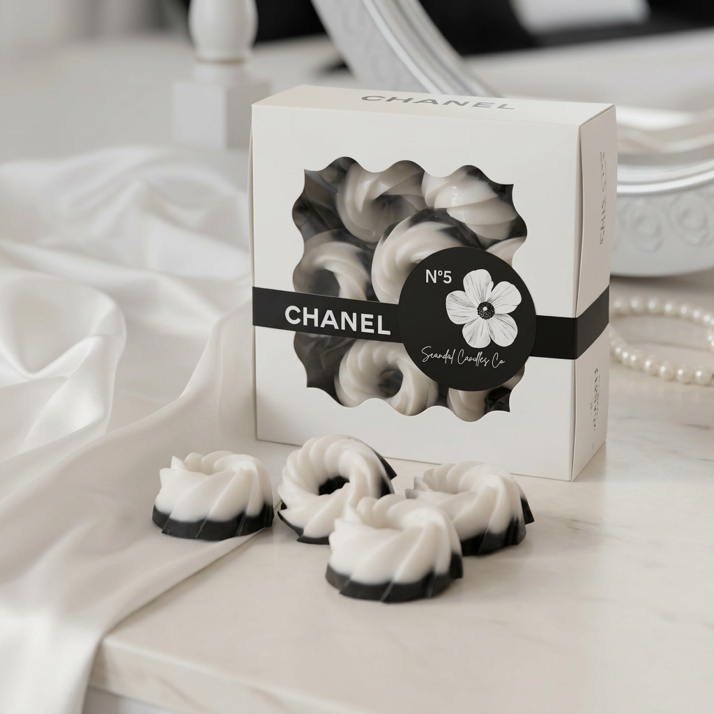 Black and white mini bundt wax melts and gift box styled on an elegant vanity