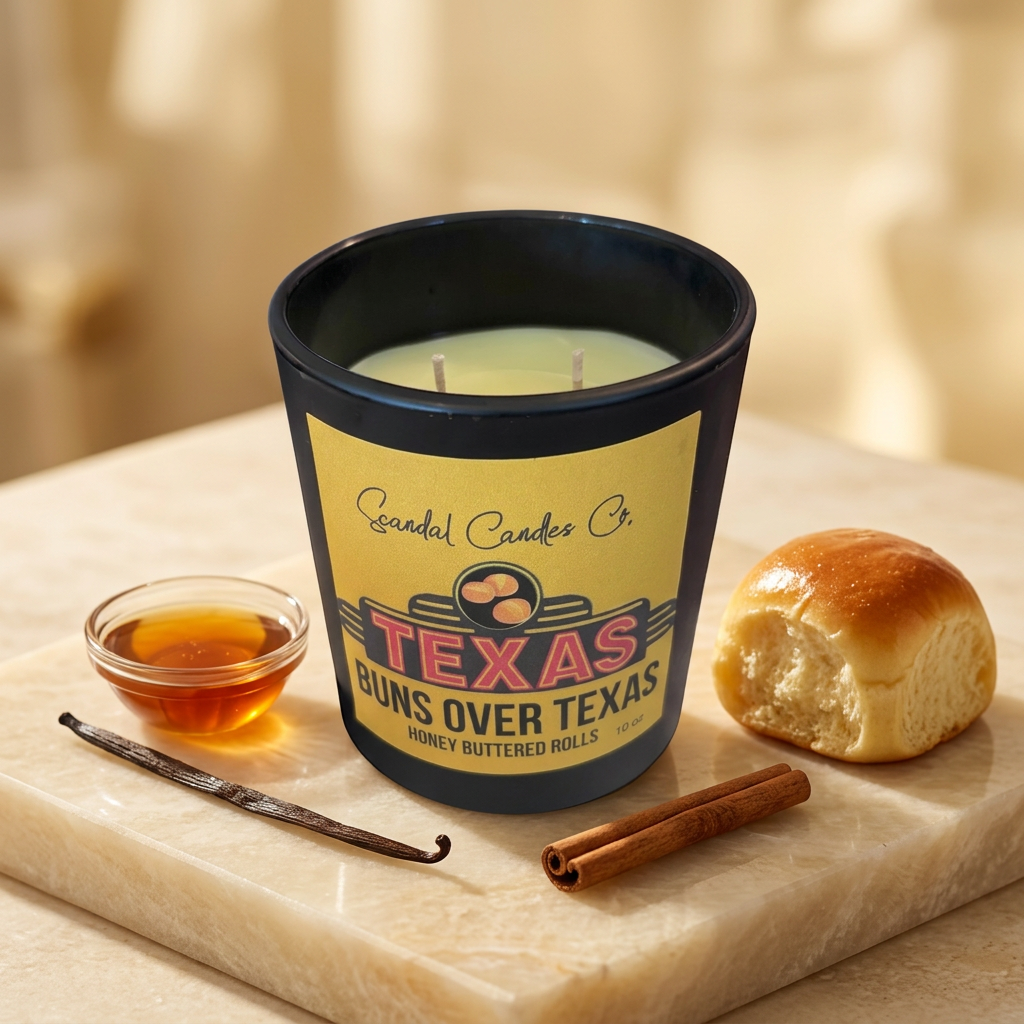 Buns Over Texas candle styled with honey, vanilla, cinnamon and a buttered roll
