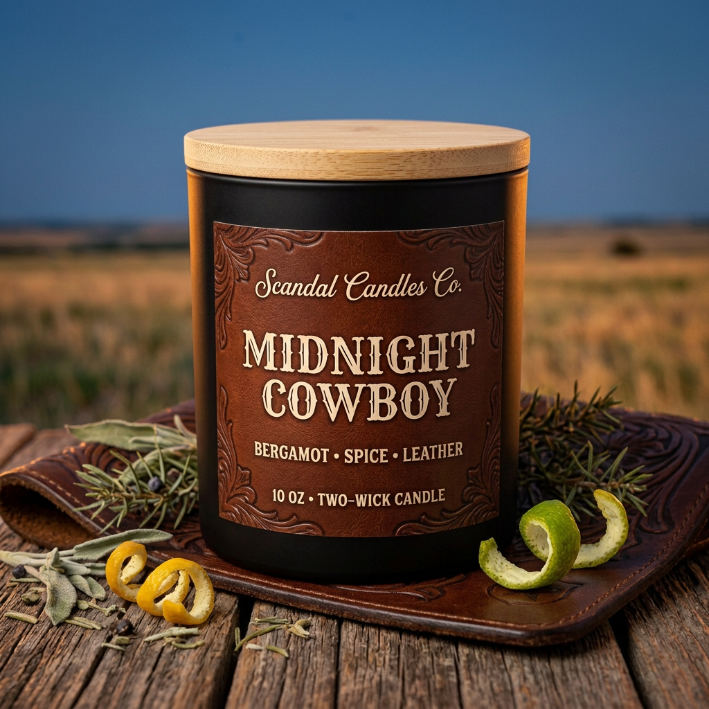 Angled view of Midnight Cowboy candle with tooled leather label and wooden lid beside saddle leather, bergamot peel and herbs.