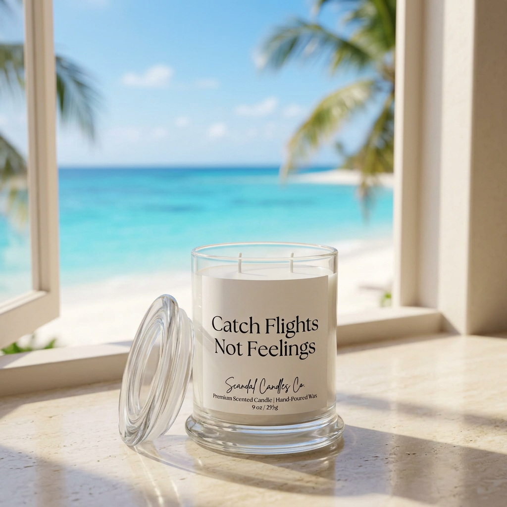 White Catch Flights Not Feelings candle with two unlit wicks and glass lid on a clean ivory studio background