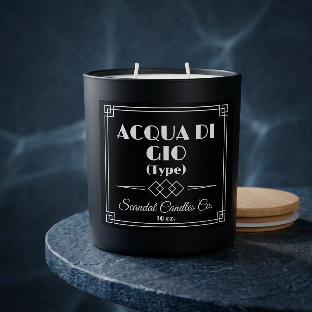 Acqua Di Gio candle with black and white boutique label in a blue-charcoal aquatic studio setting