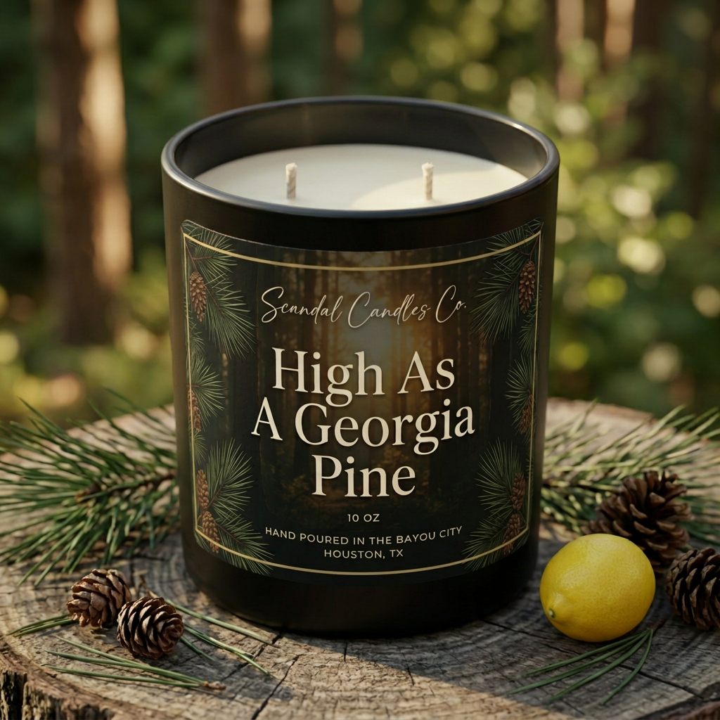 High As a Georgia Pine white-wax candle styled with pine branches, pinecones, and lemon