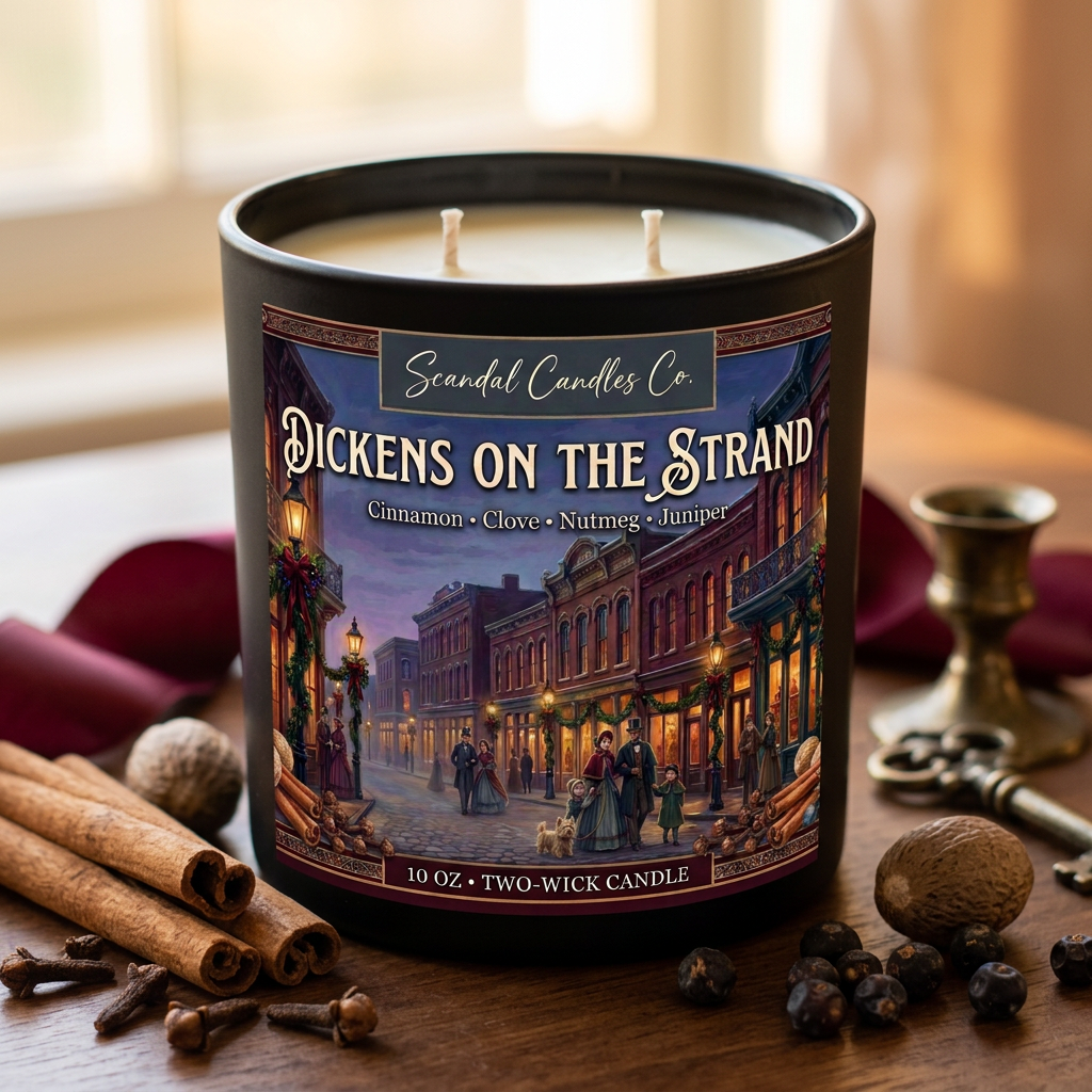 Dickens on the Strand candle with cinnamon, cloves, nutmeg and juniper