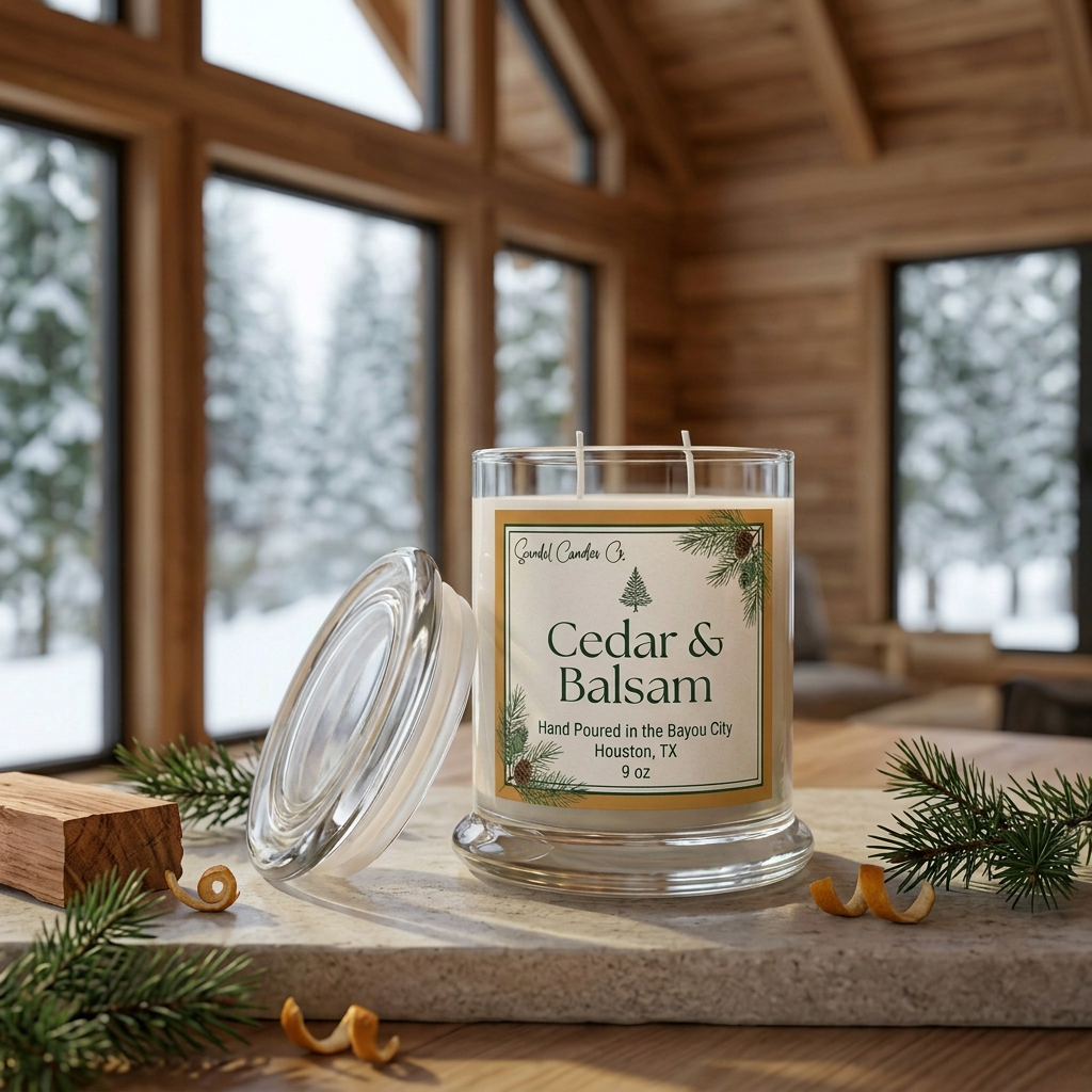 Cedar & Balsam candle with amber and ivory label styled with evergreen sprigs, cedar wood and citrus
