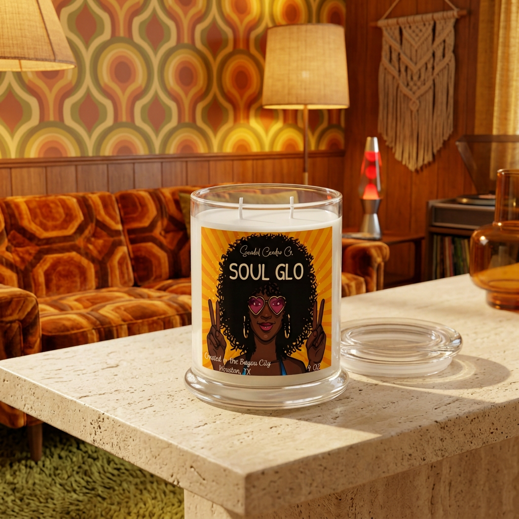 Soul Glo candle in a cozy retro lounge with soft cream furnishings