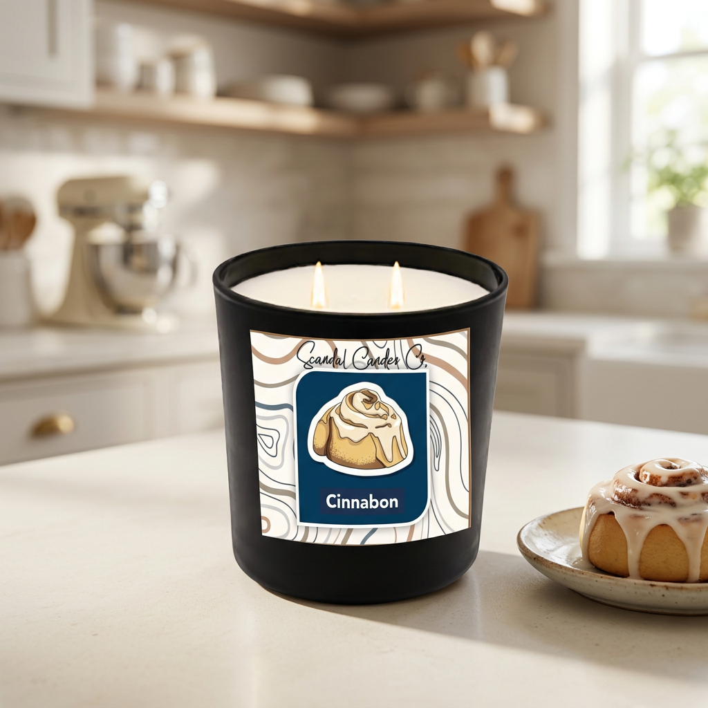 Cinnabon candle in a cozy morning kitchen with an iced cinnamon roll
