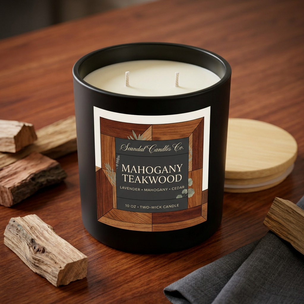Open Mahogany Teakwood candle with two unlit wicks and full woodgrain label including white top and sides, wooden lid beside the jar.
