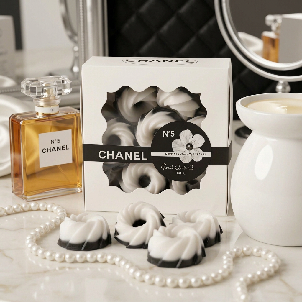 Black and white mini bundt wax melts styled with pearls, perfume bottle and wax warmer in a monochrome vanity setting