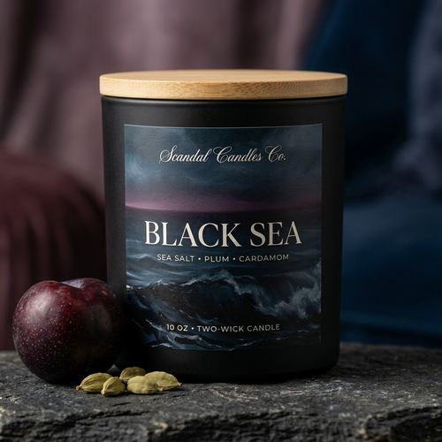 Angled view of Black Sea matte black candle with wooden lid beside plum and cardamom.