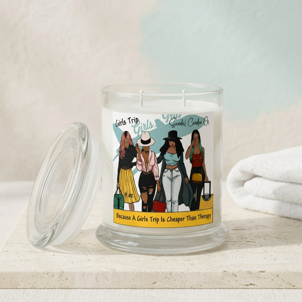 Girls Trip candle with two white unlit wicks and glass lid in a minimalist ivory spa setting
