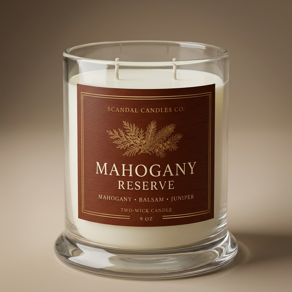 Mahogany Reserve 9 oz candle in clear flared-base jar, angled view