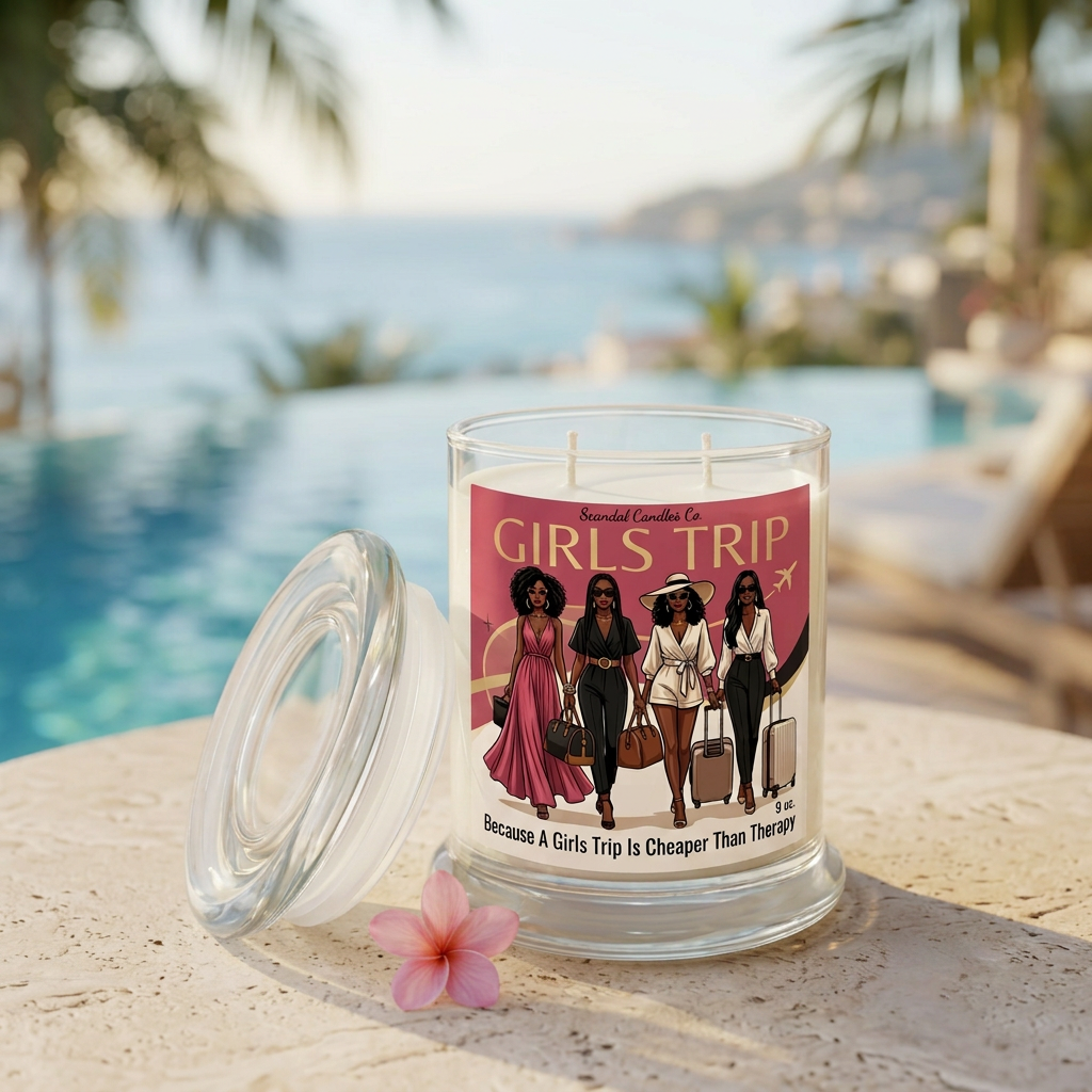 Girls Trip candle with raspberry glam label beside a resort pool with a pink flower