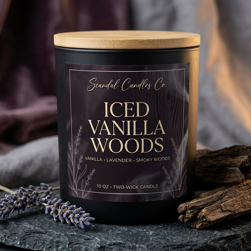 Angled view of Iced Vanilla Woods candle with Velvet Ember label and wooden lid beside lavender and textured wood.