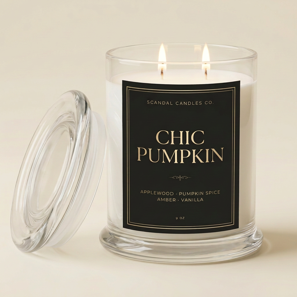 Chic Pumpkin candle with a black and champagne-gold portrait label featuring applewood, pumpkin spice, amber and vanilla notes