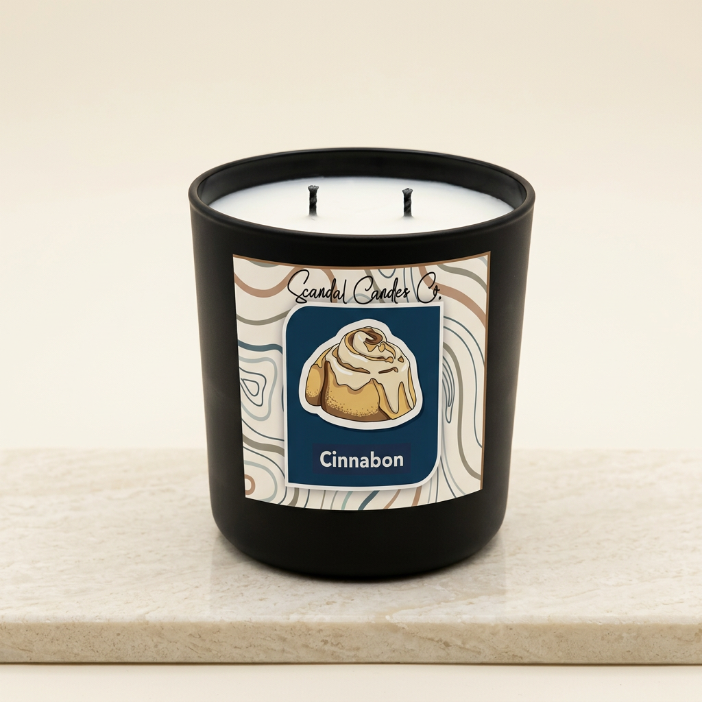 Cinnabon candle on a warm ivory studio background