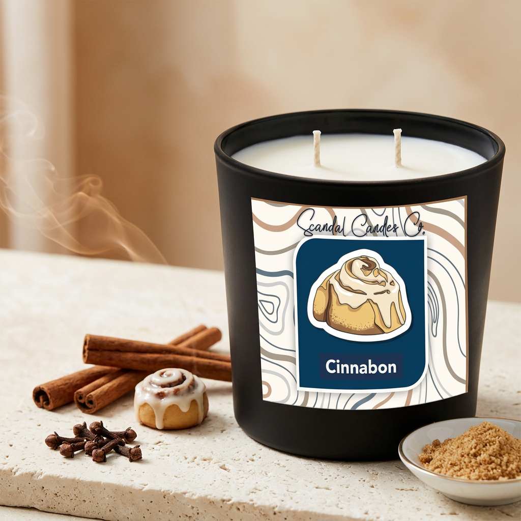 Cinnabon candle styled with cinnamon, cloves, icing and maple sugar