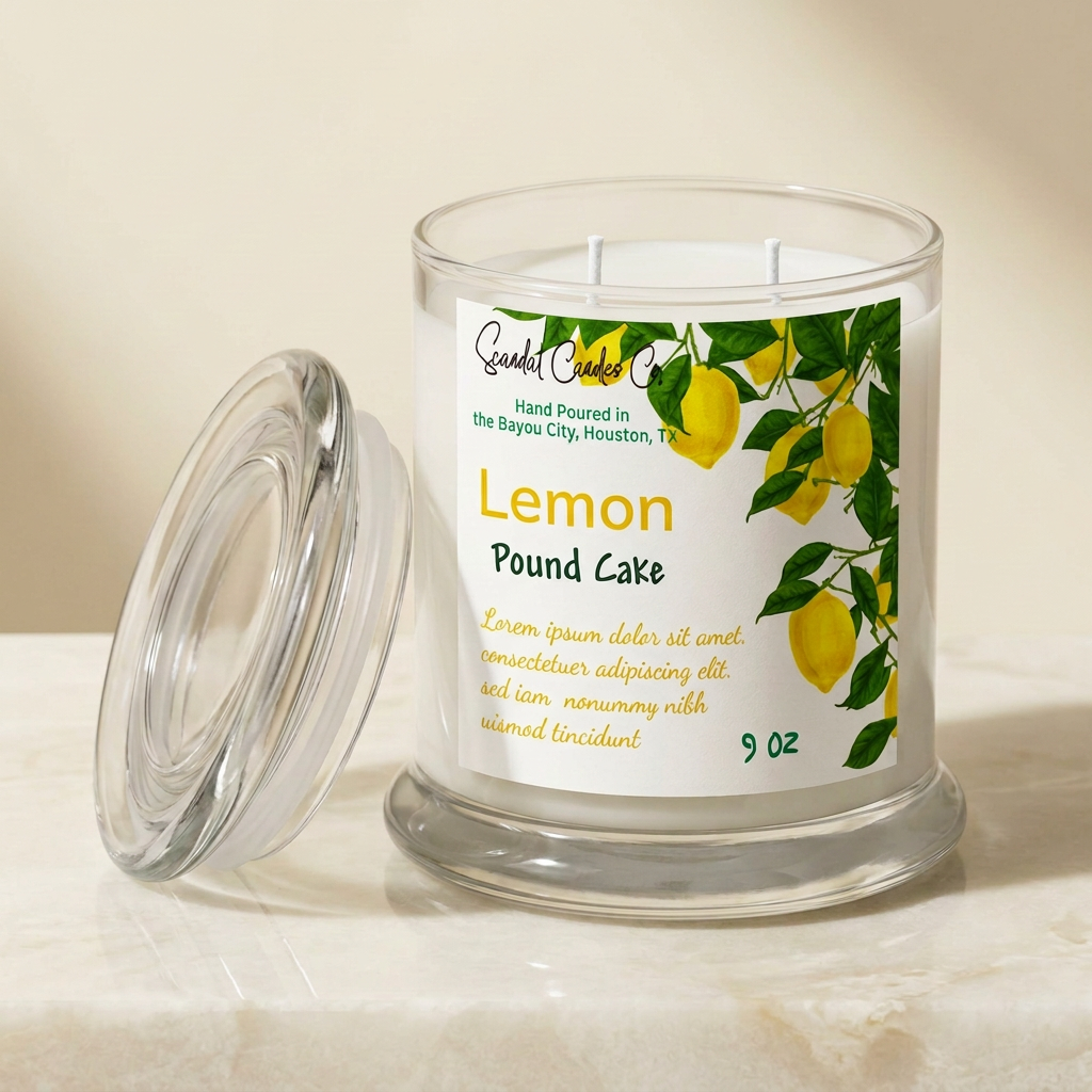 Lemon Pound Cake candle and glass lid on ivory studio background