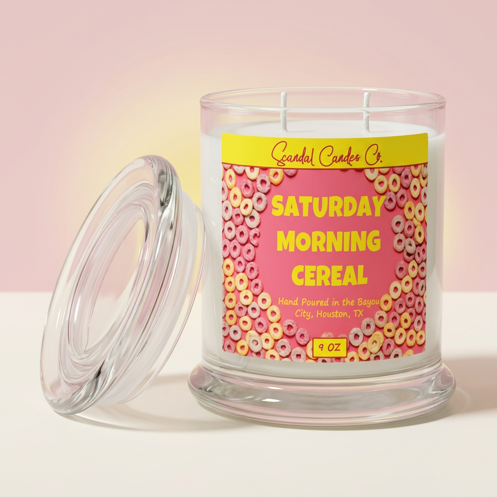 Saturday Morning Cereal candle and glass lid in a clean pink and ivory studio setting