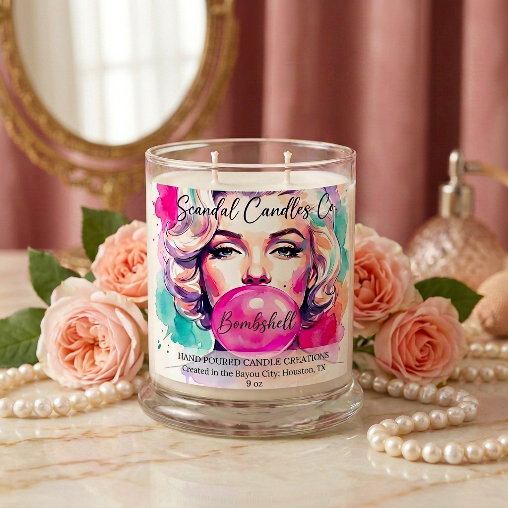 A clear glass jar candle with white wax sits on a marble surface surrounded by pink roses, pearl strands, and a pink pump bottle. The front label reads 'Scandal Candles Co' and 'BombsHELL'.