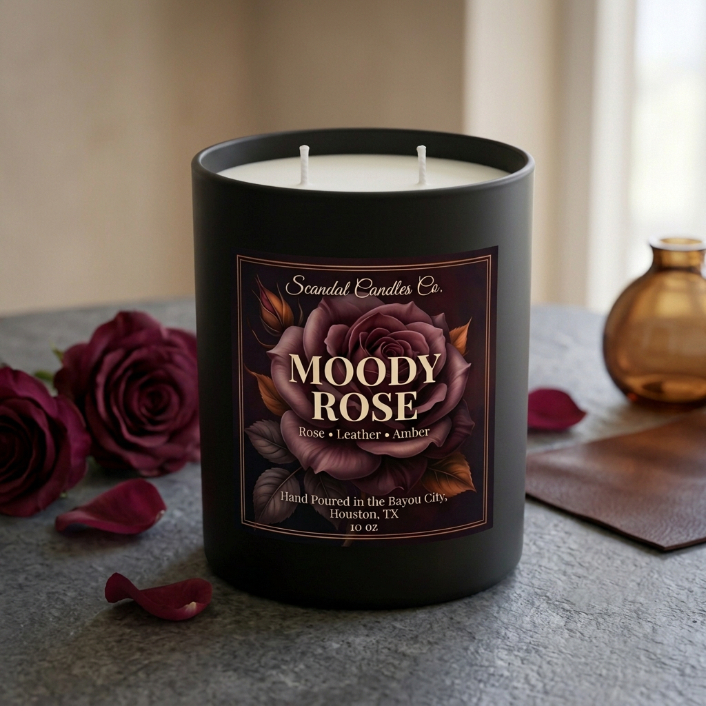 Moody Rose candle styled with burgundy roses, leather and an amber vase