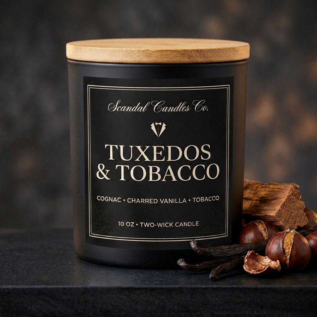Tuxedos & Tobacco solid matte-black candle jar with charcoal label and natural wooden lid, styled with chestnuts and vanilla pods.